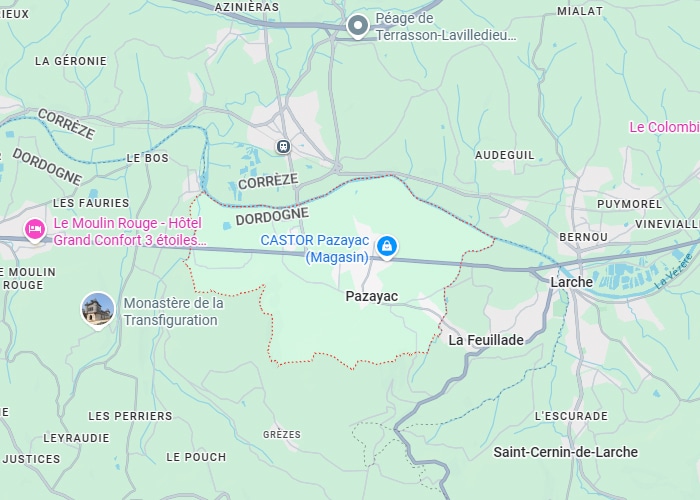 Carte Pazayac, Dordogne : CASTOR, Larche, Corrèze Carte routière centrée sur Pazayac en Dordogne, mentionnant Corrèze, Larche, et des points d'intérêt comme CASTOR Pazayac et le Monastère de la Transfiguration.
