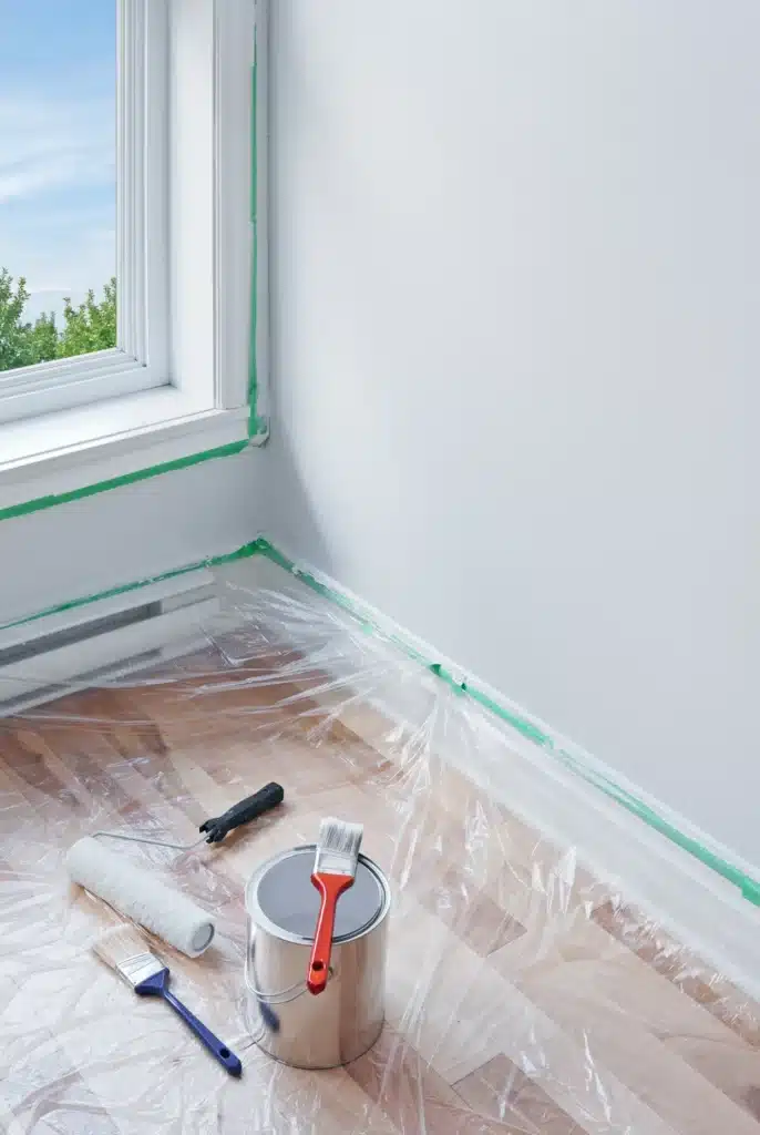 Peinture DIY : Préparation des murs et outils de travail Canette de peinture, rouleau et pinceaux sur un plancher de bois protégé par une bâche. Ruban de masquage vert autour de la fenêtre et des plinthes pour la rénovation des murs.