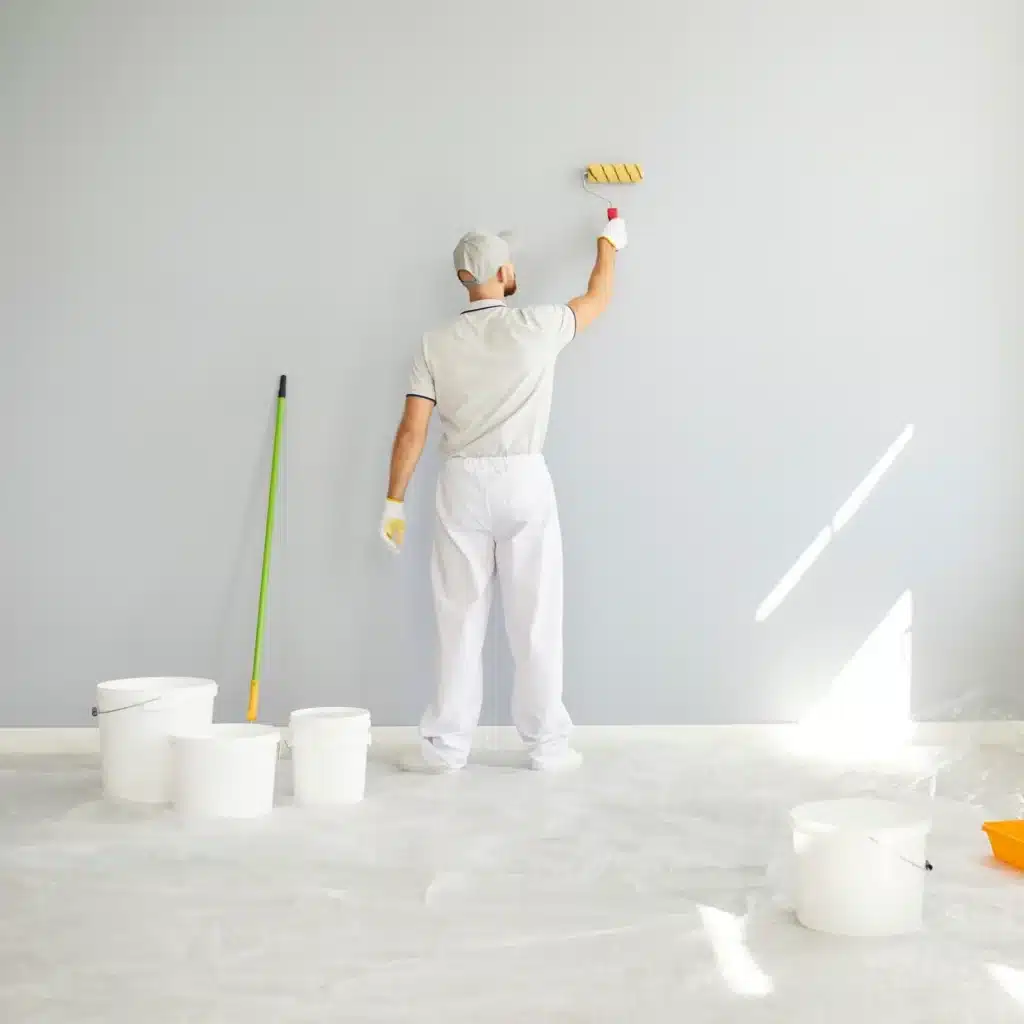 Peintre professionnel rénove un mur au rouleau. Peintre professionnel appliquant de la peinture sur un mur intérieur clair à l'aide d'un rouleau. Seaux et bâches de protection au sol.